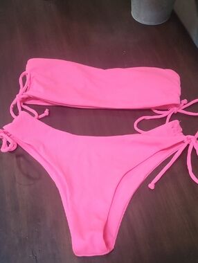 Neon Pink Ribbed Tie-Side Bandeau Bikini Set